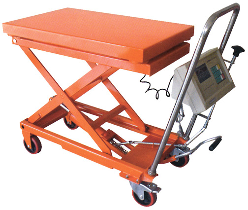 The Air Scissor Lift offers two lifting methods, manual foot pump and air for automated lifting. This portable hydraulic lift cart is capable of lifting up to 2,000 lbs. for worker convenience and comfort. Apply the braking system on the rear wheels for optimum security. Air scissor lift table features foot pump or air lifting.